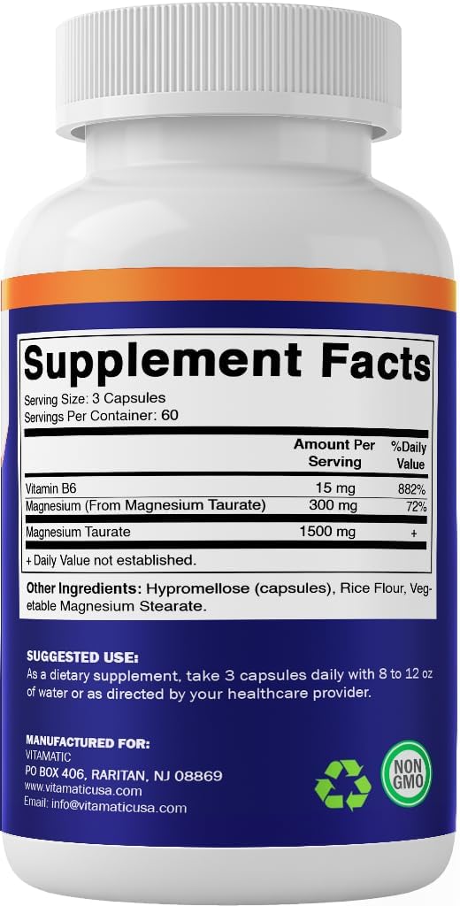 High-Potency Magnesium Taurate Capsules with B6 - 180 Vegetarian Capsules - Supports Muscle, Joint, and Heart Health - 1500mg per Serving