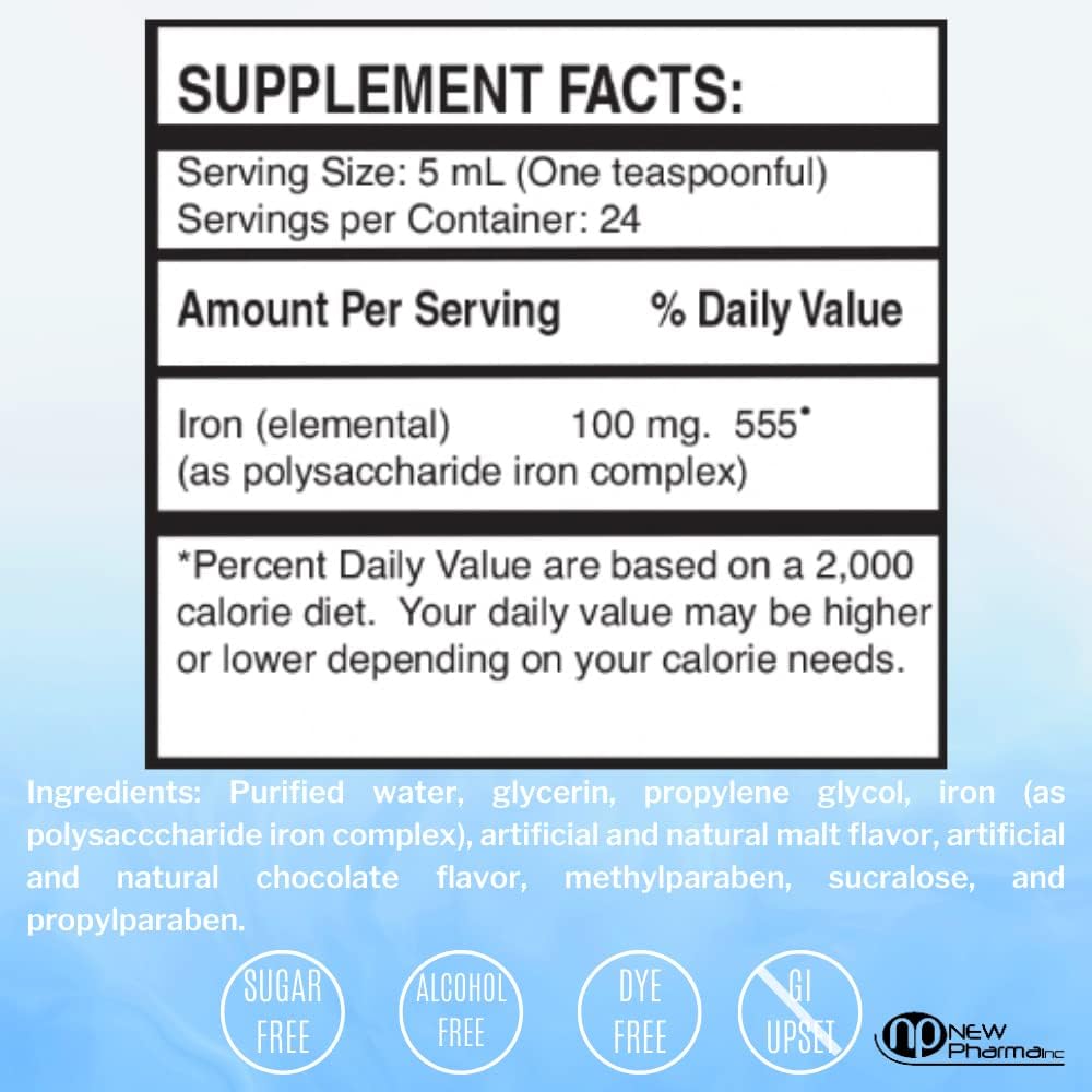High Potency Malt Chocolate Liquid Iron Supplement for Kids & Adults - 4 fl oz - 100mg Polysaccharide Iron Complex - Anemia and Energy Support