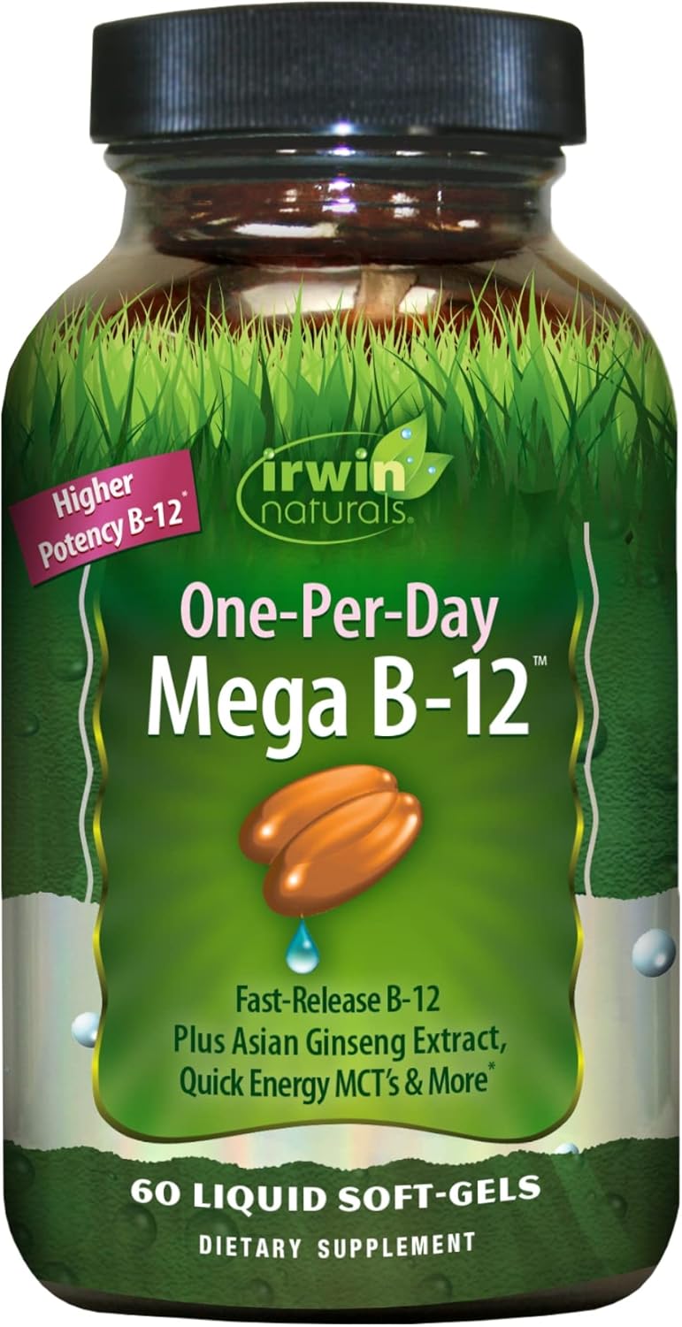 High Potency Mega B-12 1,500mcg Methylcobalamin Vitamin with MCT & Asian Ginseng for Natural Energy Boost - 60 Softgels