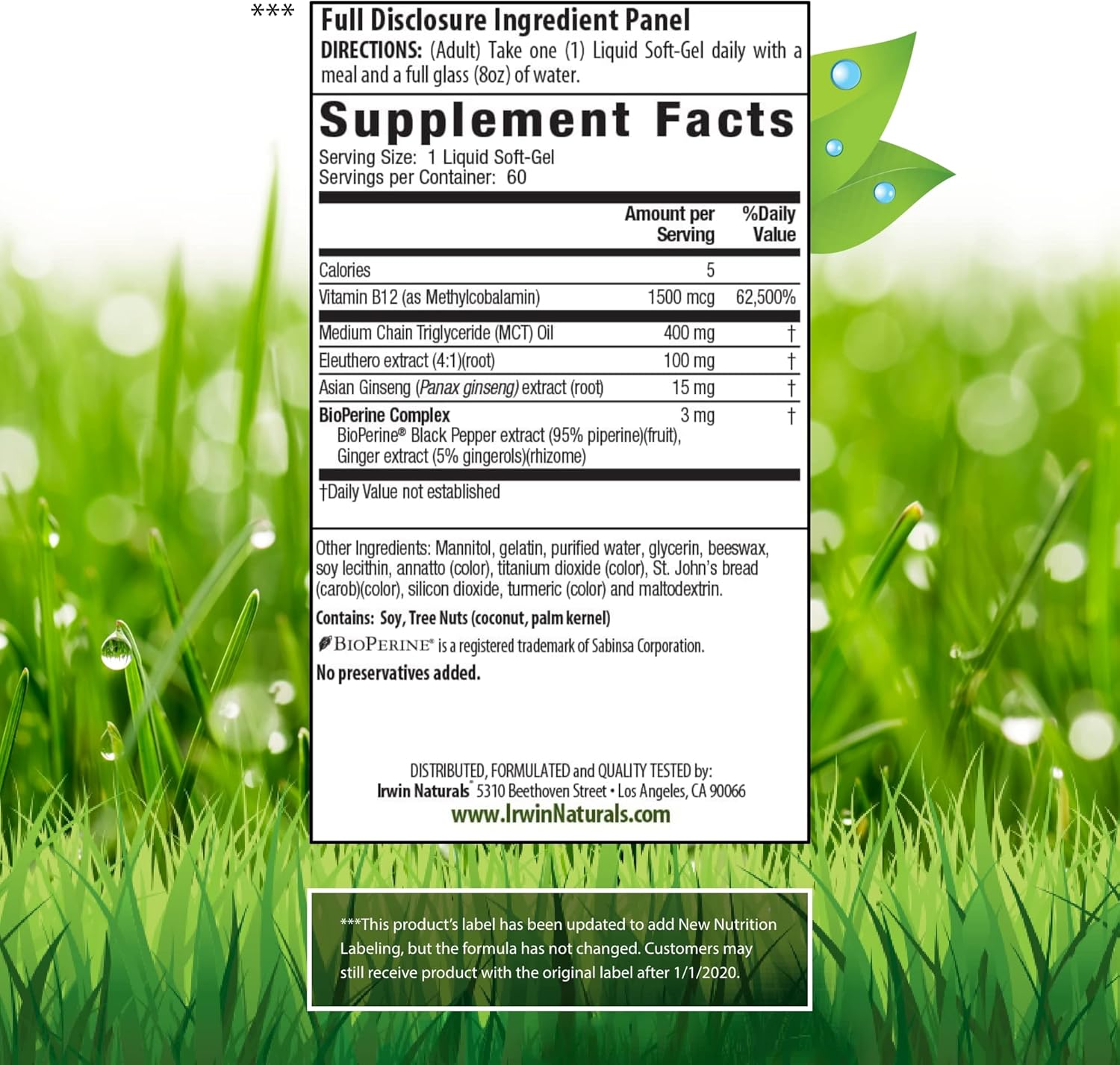 High Potency Mega B-12 1,500mcg Methylcobalamin Vitamin with MCT & Asian Ginseng for Natural Energy Boost - 60 Softgels