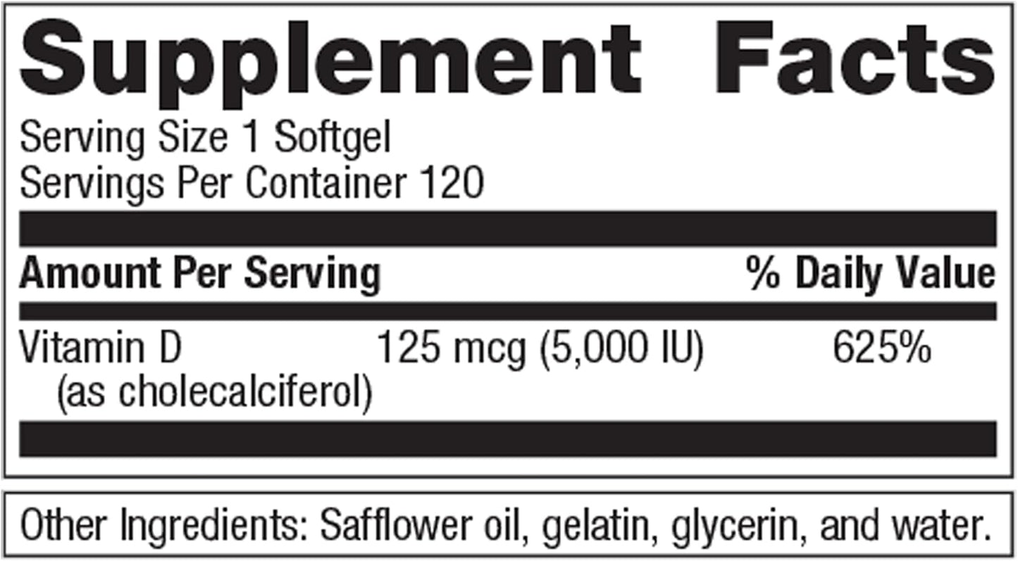 High-Potency Metagenics Vitamin D3 5000 Softgels for Immune, Bone, and Heart Health - Non-GMO & Gluten-Free - 120 Count