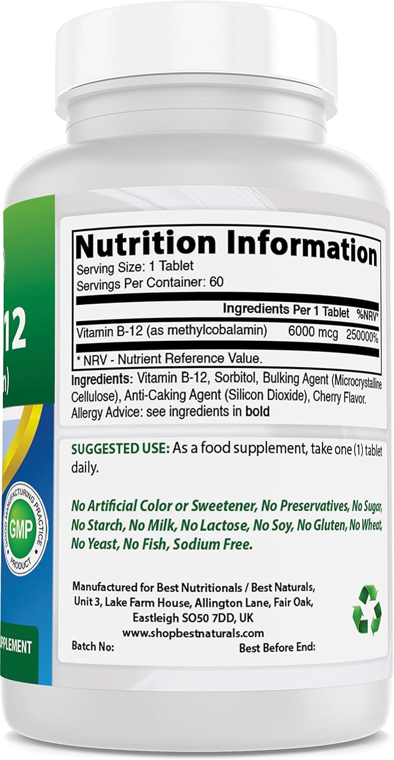 High Potency Methylcobalamin Vitamin B12 Tablets - 6000 mcg, 60 Count - Best Naturals