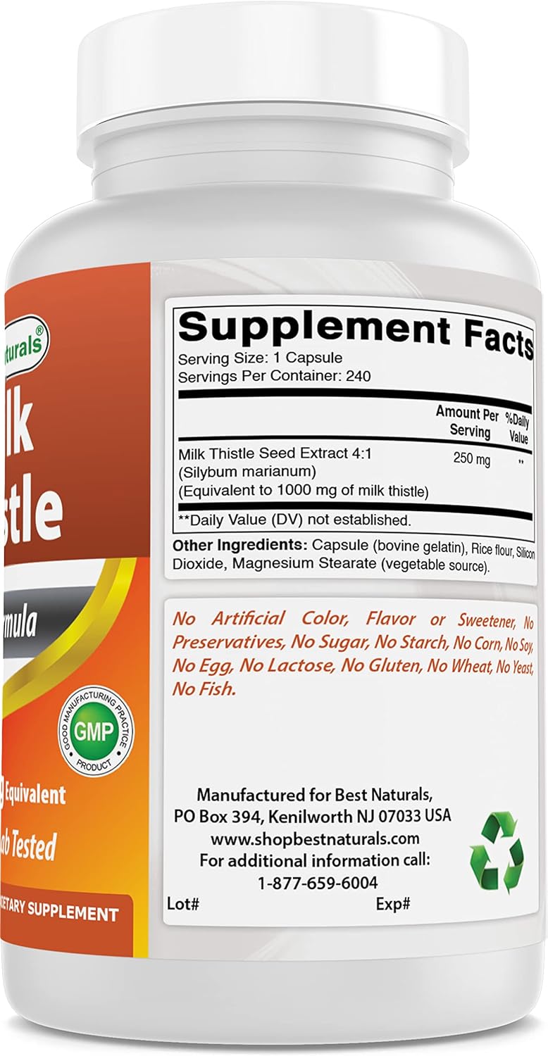 High Potency Milk Thistle Extract 1000mg - 240 Capsules - Non-GMO & Gluten Free - Liver Support Supplement
