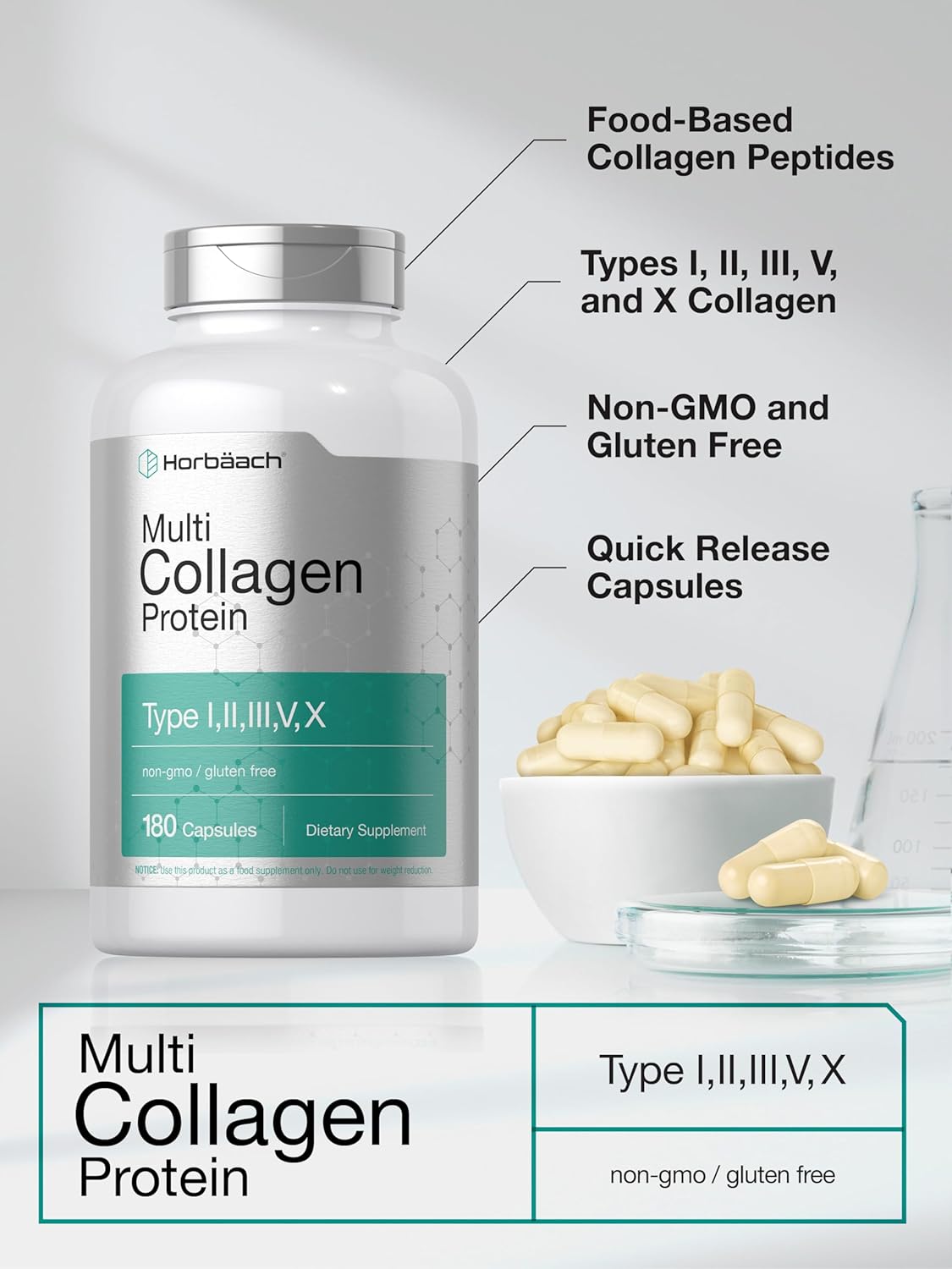 High Potency Multi Collagen Protein Capsules - 180 Count | 2000 mg Hydrolyzed Collagen Type I, II, III, V, X | Keto & Paleo Friendly, Non-GMO, Gluten Free