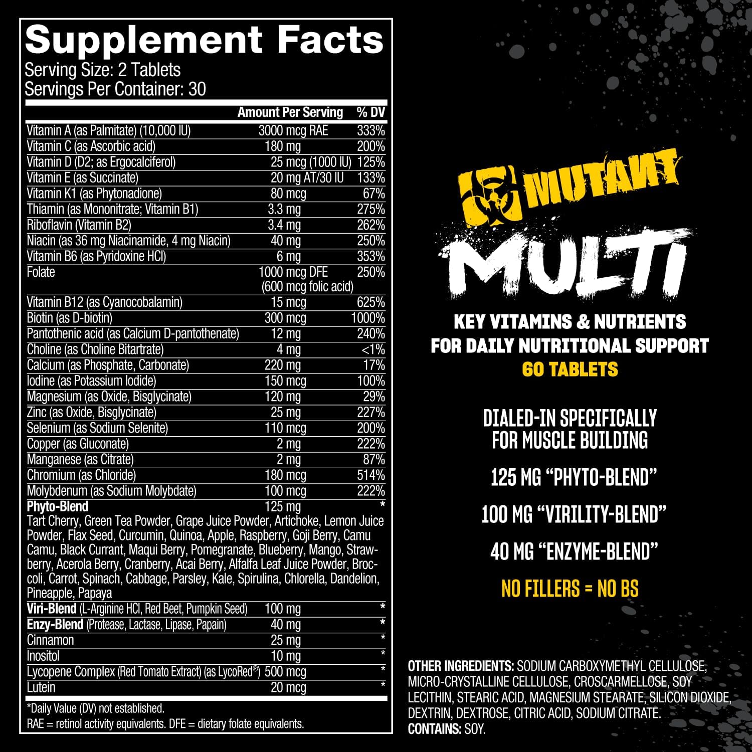 High Potency Mutant Multi Vitamins for Heavy Lifting - 60 Tablets with 75+ Ingredients