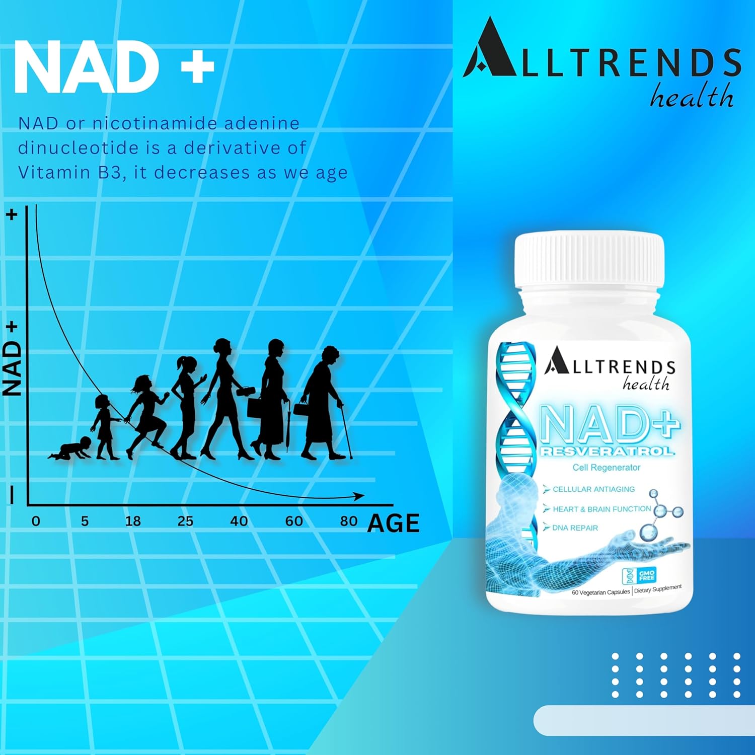 High Potency NAD Supplement with Resveratrol, TMG, and Vitamins for Cell Regeneration, Heart & Brain Function - 60 Capsules