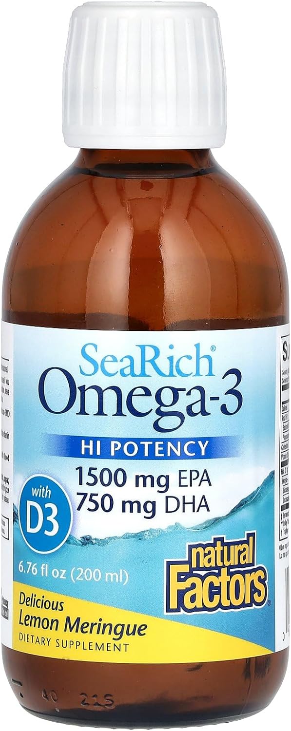 High Potency Natural Factors Omega-3 Supplement with 1500mg EPA, 750mg DHA, and Vitamin D3 in Searich Lemon Flavor - 6.76 fl oz
