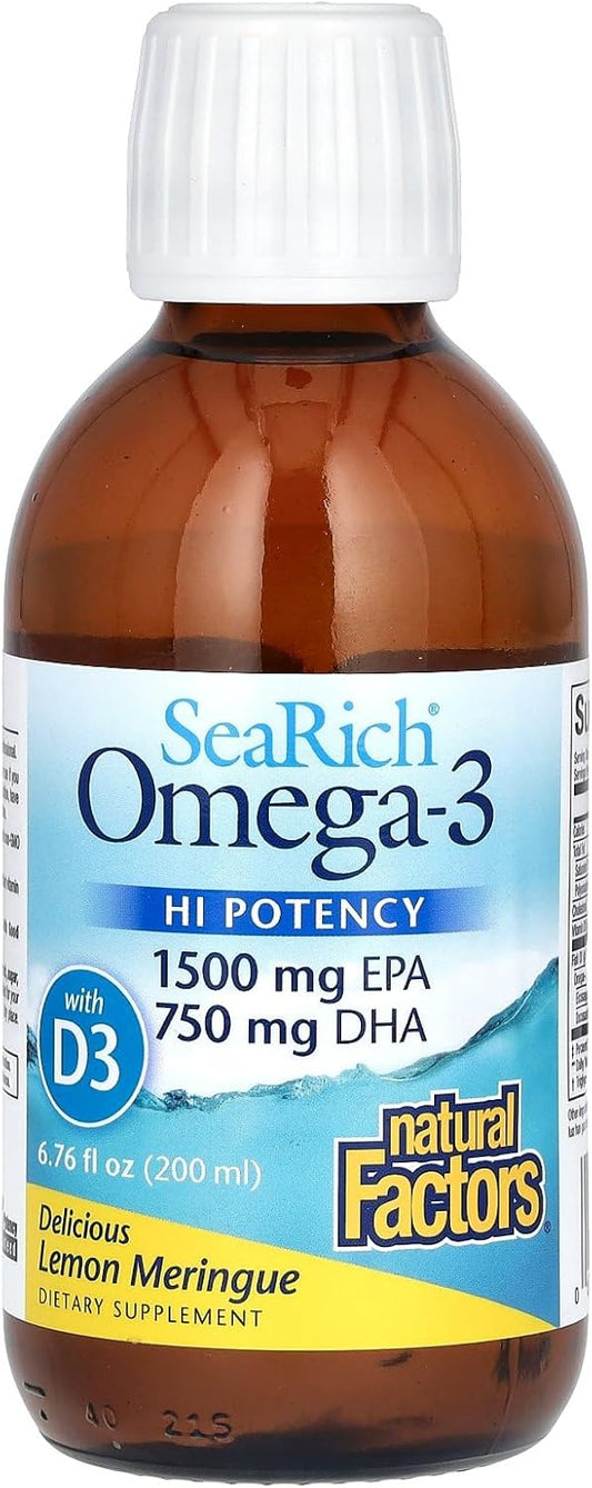 High Potency Natural Factors Omega-3 Supplement with 1500mg EPA, 750mg DHA, and Vitamin D3 in Searich Lemon Flavor - 6.76 fl oz