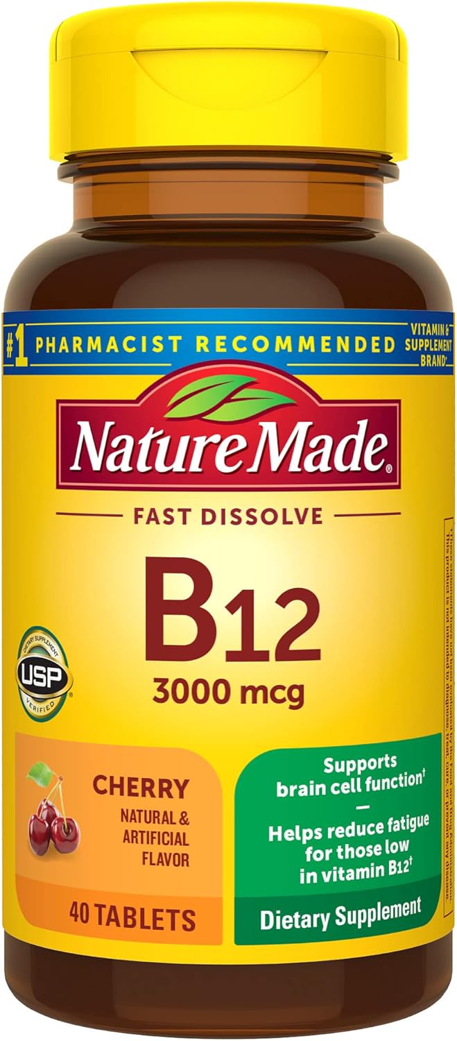 High Potency Nature Made Vitamin B12 3000 mcg Sublingual Tablets for Energy Metabolism, 40 Sugar-Free Fast Dissolve Tabs