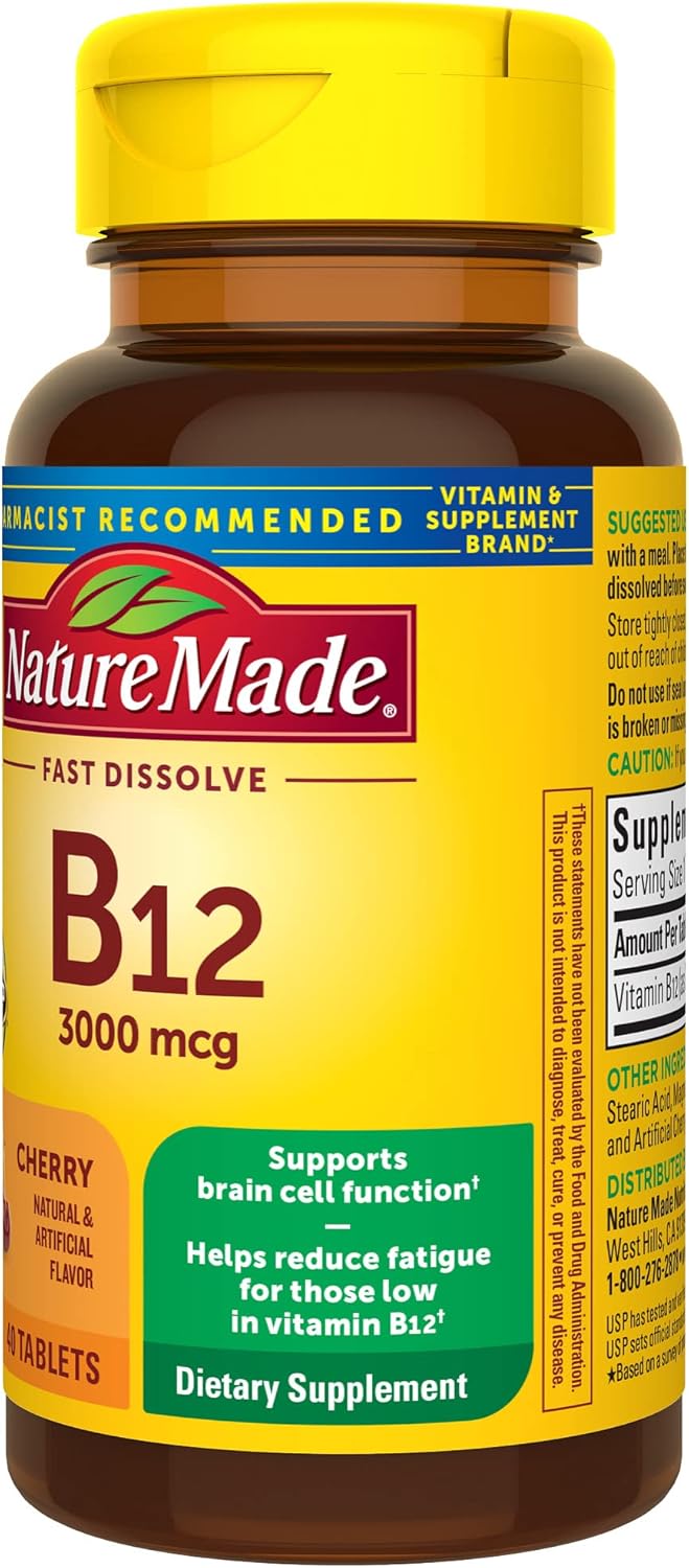 High Potency Nature Made Vitamin B12 3000 mcg Sublingual Tablets for Energy Metabolism, 40 Sugar-Free Fast Dissolve Tabs