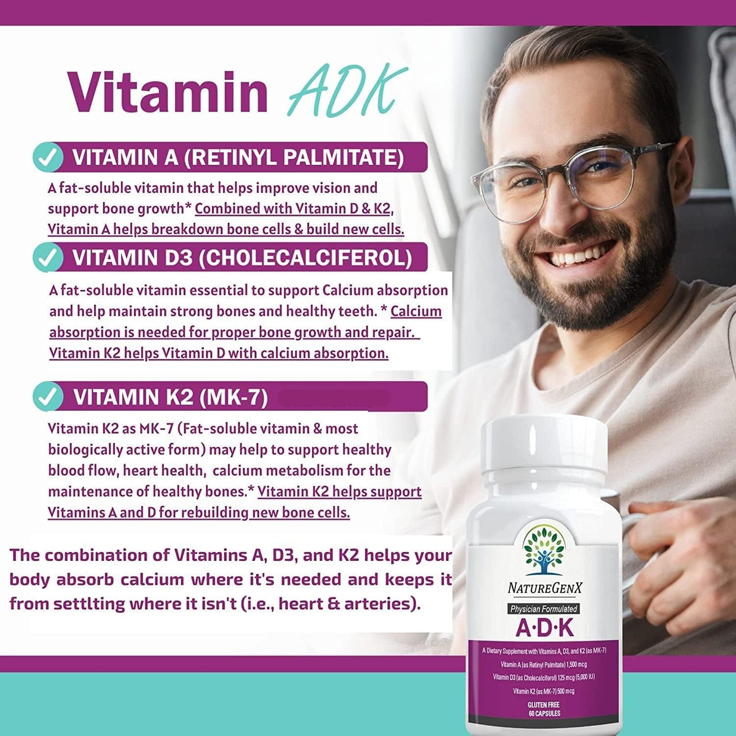 High Potency NatureGenX ADK Vitamin Supplement for Bone Health - 5000 IU Vitamins A, D3, K2 | Gluten-Free, 60 Capsules, 60 Day Supply