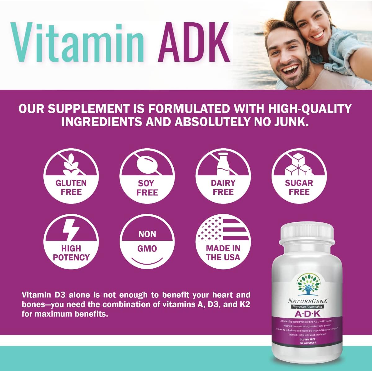 High Potency NatureGenX ADK Vitamin Supplement for Bone Health - 5000 IU Vitamins A, D3, K2 | Gluten-Free, 60 Capsules, 60 Day Supply