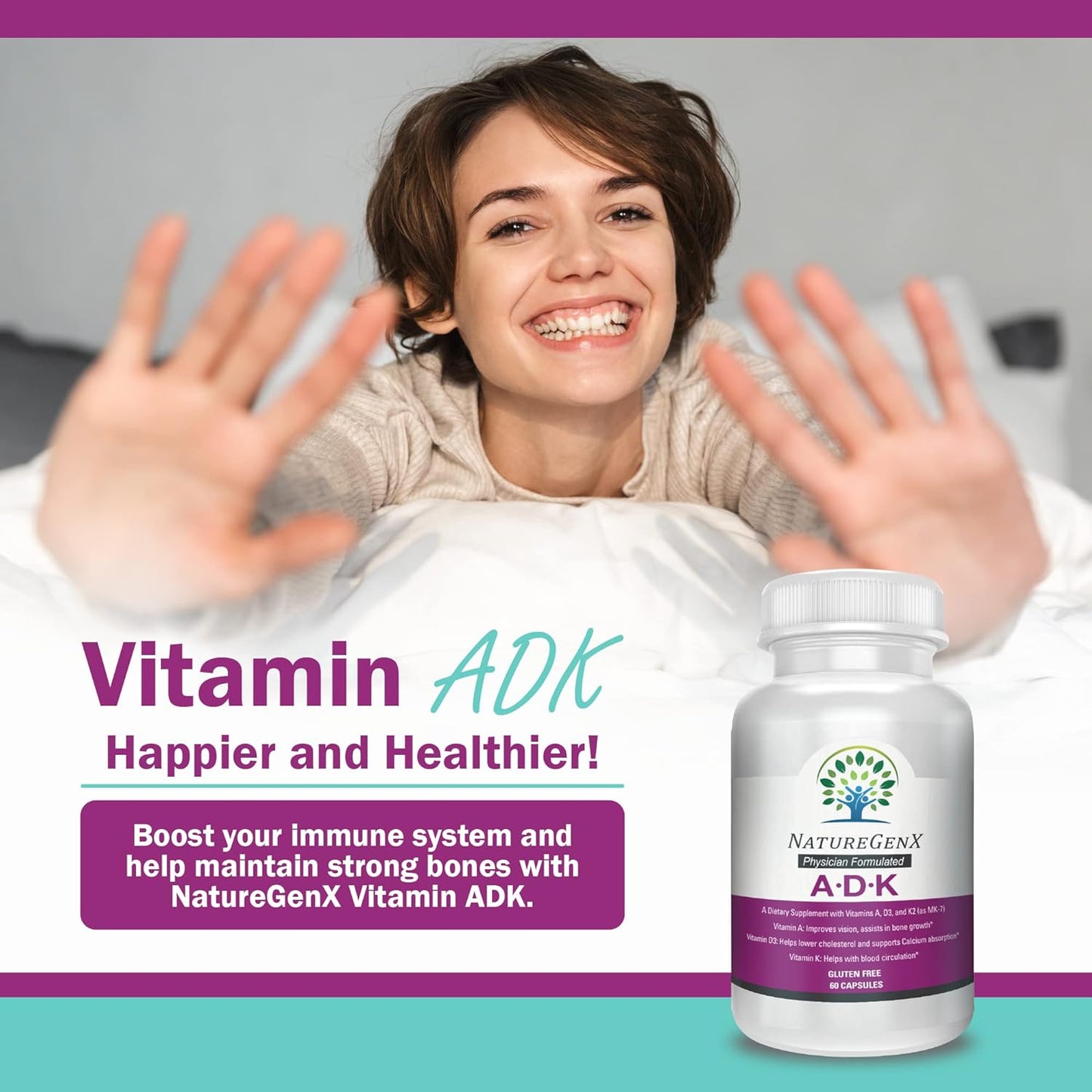 High Potency NatureGenX ADK Vitamin Supplement for Bone Health - 5000 IU Vitamins A, D3, K2 | Gluten-Free, 60 Capsules, 60 Day Supply