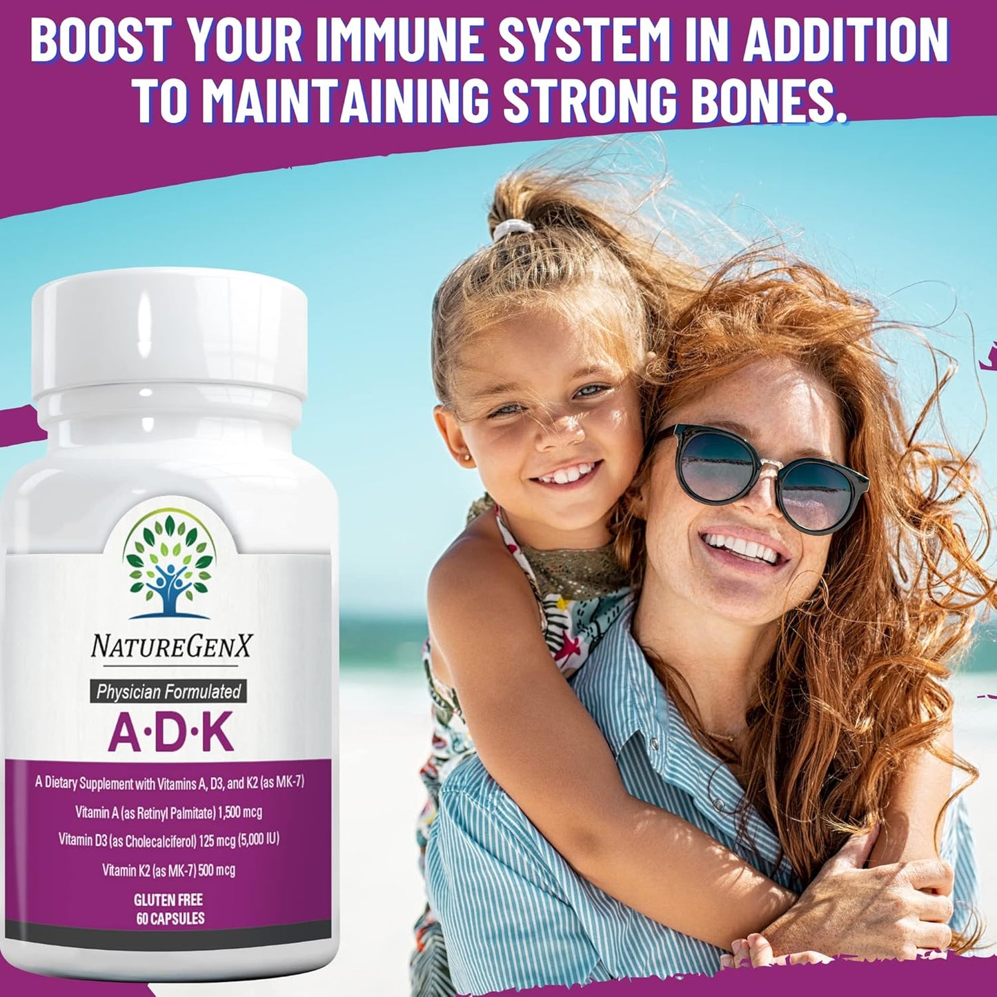 High Potency NatureGenX ADK Vitamin Supplement for Bone Health - 5000 IU Vitamins A, D3, K2 | Gluten-Free, 60 Capsules, 60 Day Supply
