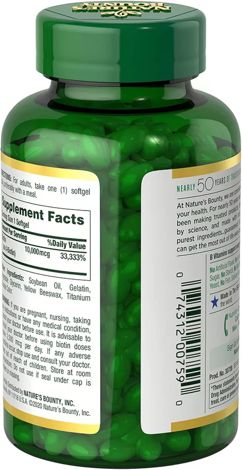 High Potency Nature's Bounty Biotin 10,000 mcg in 250 Rapid Release Softgels - Hair, Skin & Nails Support