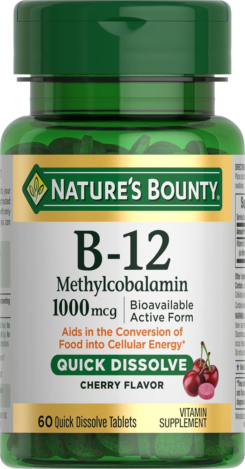 High Potency Nature's Bounty Vitamin B12 1000mcg - Supports Energy & Nervous System - 60 Quick Dissolve Tablets