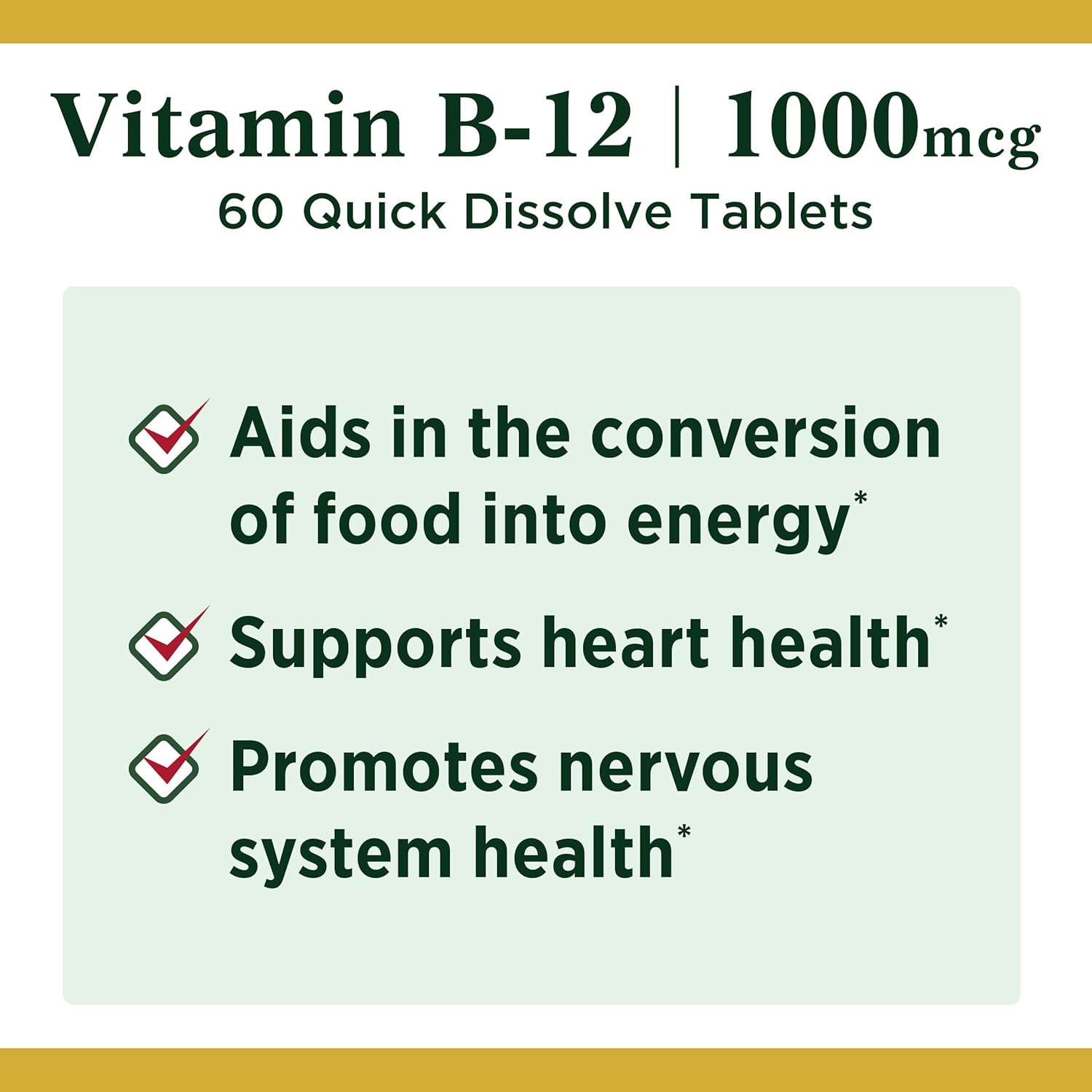 High Potency Nature's Bounty Vitamin B12 1000mcg - Supports Energy & Nervous System - 60 Quick Dissolve Tablets