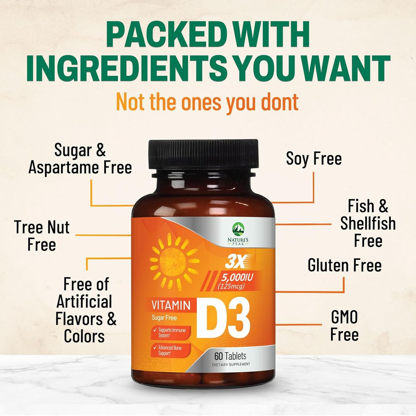 High Potency Nature's Peak Vitamin D3 5000 IU Chewables for Bone, Teeth, Muscle & Immune Support - Sugar Free, Non-GMO, Gluten Free - 60 Tablets