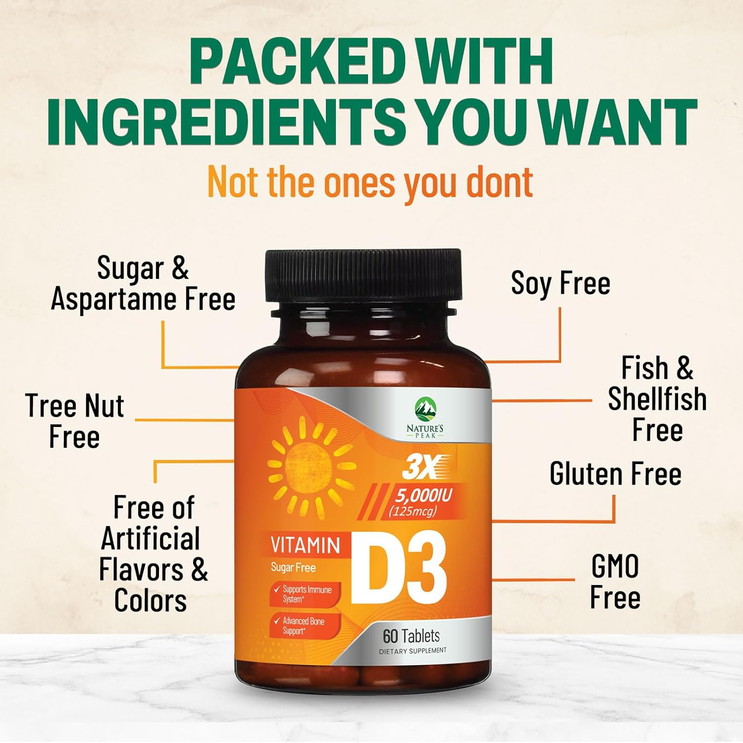 High Potency Nature's Peak Vitamin D3 5000 IU Chewables for Bone, Teeth, Muscle & Immune Support - Sugar Free, Non-GMO, Gluten Free - 60 Tablets