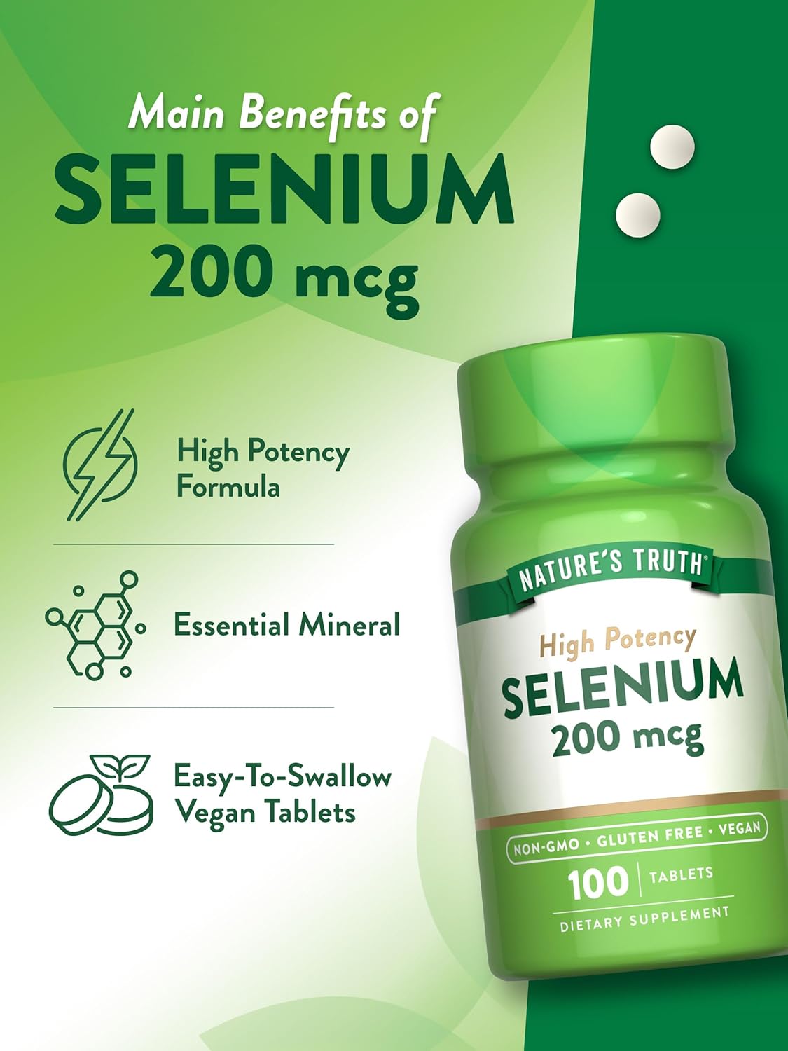 High Potency Nature's Truth Selenium 200mcg Supplement - 100 Tablets, Vegan, Non-GMO & Gluten Free