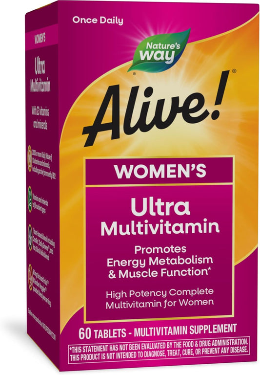 High Potency Nature's Way Alive! Women's Daily Ultra Multivitamin with Methylated B12 - 60 Tablets for Energy and Muscle Function