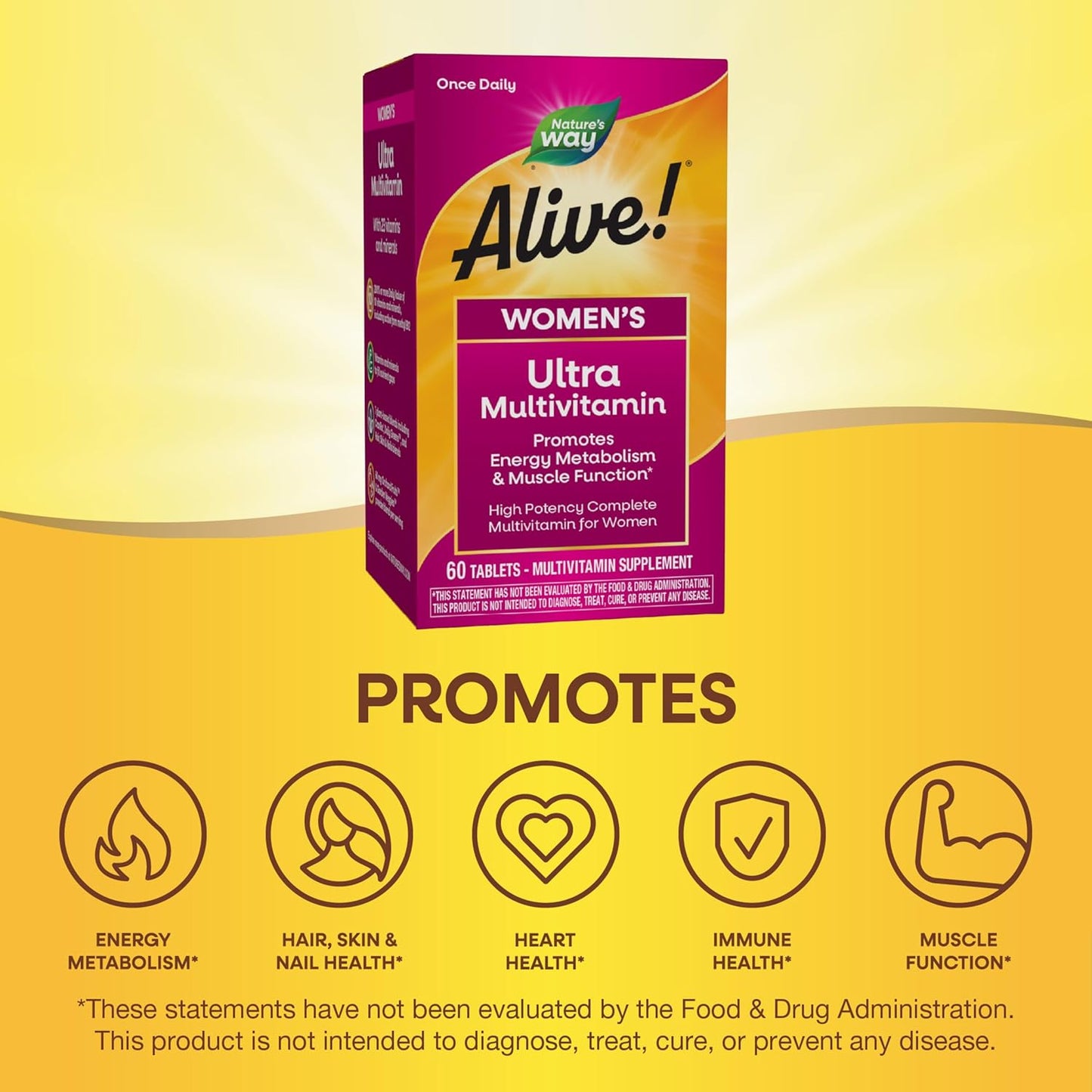 High Potency Nature's Way Alive! Women's Daily Ultra Multivitamin with Methylated B12 - 60 Tablets for Energy and Muscle Function