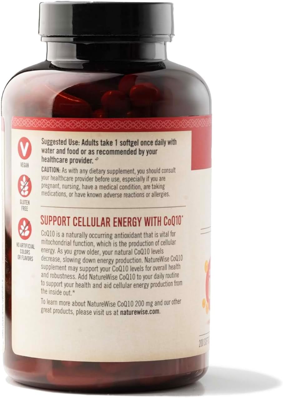 High Potency NatureWise CoQ10 200mg Softgels - Heart Health & Energy Supplement - Antioxidant - Vegan & Non-GMO - 200 Count