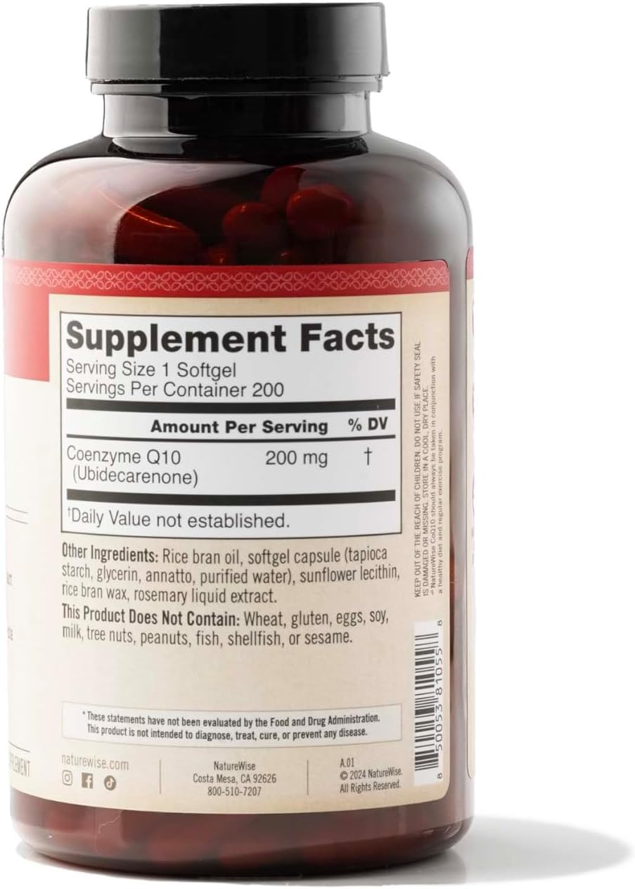 High Potency NatureWise CoQ10 200mg Softgels - Heart Health & Energy Supplement - Antioxidant - Vegan & Non-GMO - 200 Count