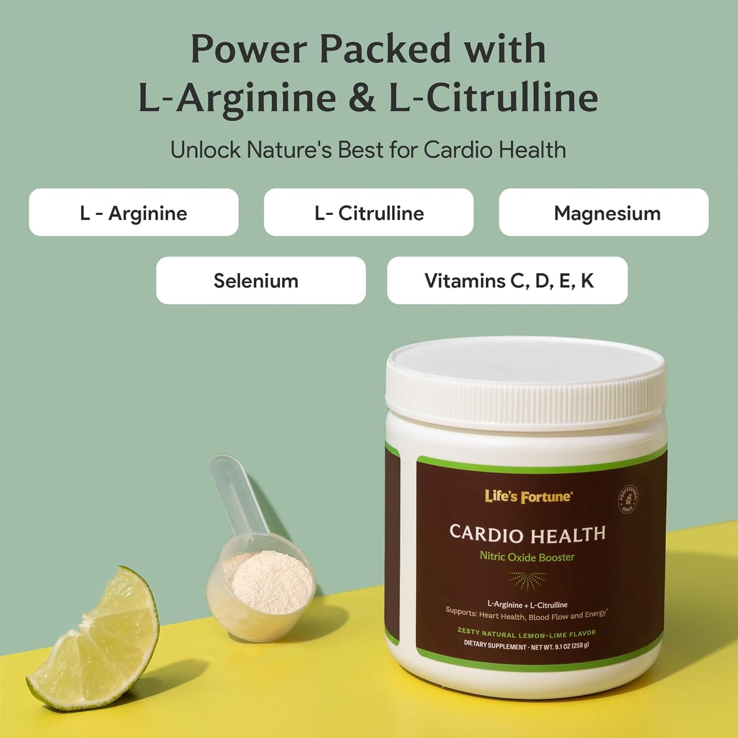 High Potency Nitric Oxide Supplement Powder with L Arginine and L Citrulline for Cardiovascular Health - Natural Lemon Lime Flavor - 258g