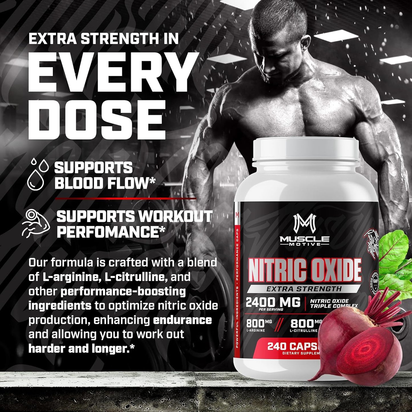 High Potency Nitric Oxide Supplement with L-Arginine, L-Citrulline, and Beet Root Extract - 240 Capsules