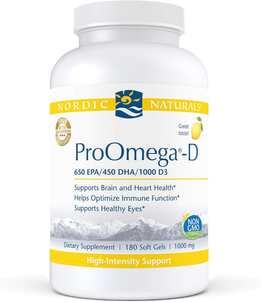 High-Potency Nordic Naturals ProOmega-D Soft Gels - Lemon Flavor - 1280 mg Omega-3 + 1000 IU D3 - Brain, Eye, Heart, & Immune Health - Non-GMO - 90 Servings