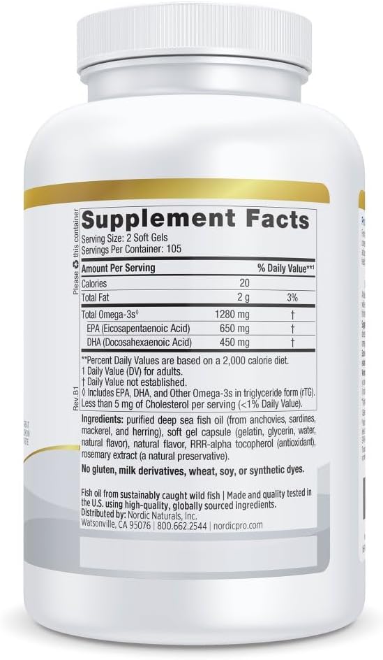 High-Potency Nordic Naturals ProOmega Fish Oil Soft Gels with EPA & DHA for Brain, Eye, Heart, & Immune Health - Lemon Flavor - Non-GMO - 210 Soft Gels
