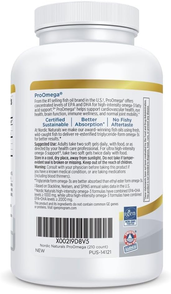 High-Potency Nordic Naturals ProOmega Fish Oil Soft Gels with EPA & DHA for Brain, Eye, Heart, & Immune Health - Lemon Flavor - Non-GMO - 210 Soft Gels