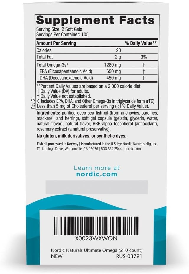 High-Potency Nordic Naturals Ultimate Omega Lemon Fish Oil Soft Gels - 210 Count - 1280mg Omega-3 - Promotes Brain & Heart Health - Non-GMO - 105 Servings