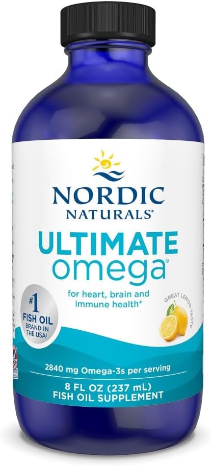 High-Potency Nordic Naturals Ultimate Omega Liquid Fish Oil Supplement - Lemon Flavor - 8 oz - 2840 mg Omega-3 - Promotes Brain & Heart Health - Non-GMO - 48 Servings