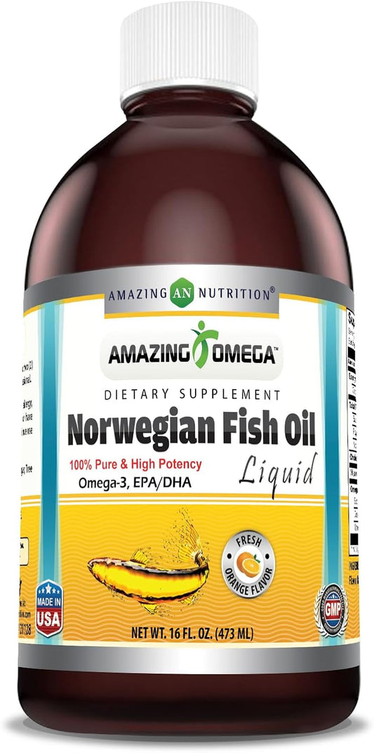 High Potency Norwegian Fish Oil Supplement | Fresh Orange Flavor | Non-GMO & Gluten Free | 16 Oz Bottle with 1625mg Omega-3s, DHA, EPA