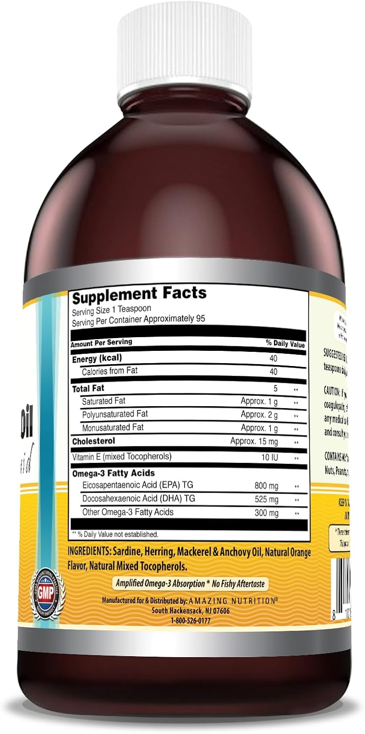 High Potency Norwegian Fish Oil Supplement | Fresh Orange Flavor | Non-GMO & Gluten Free | 16 Oz Bottle with 1625mg Omega-3s, DHA, EPA