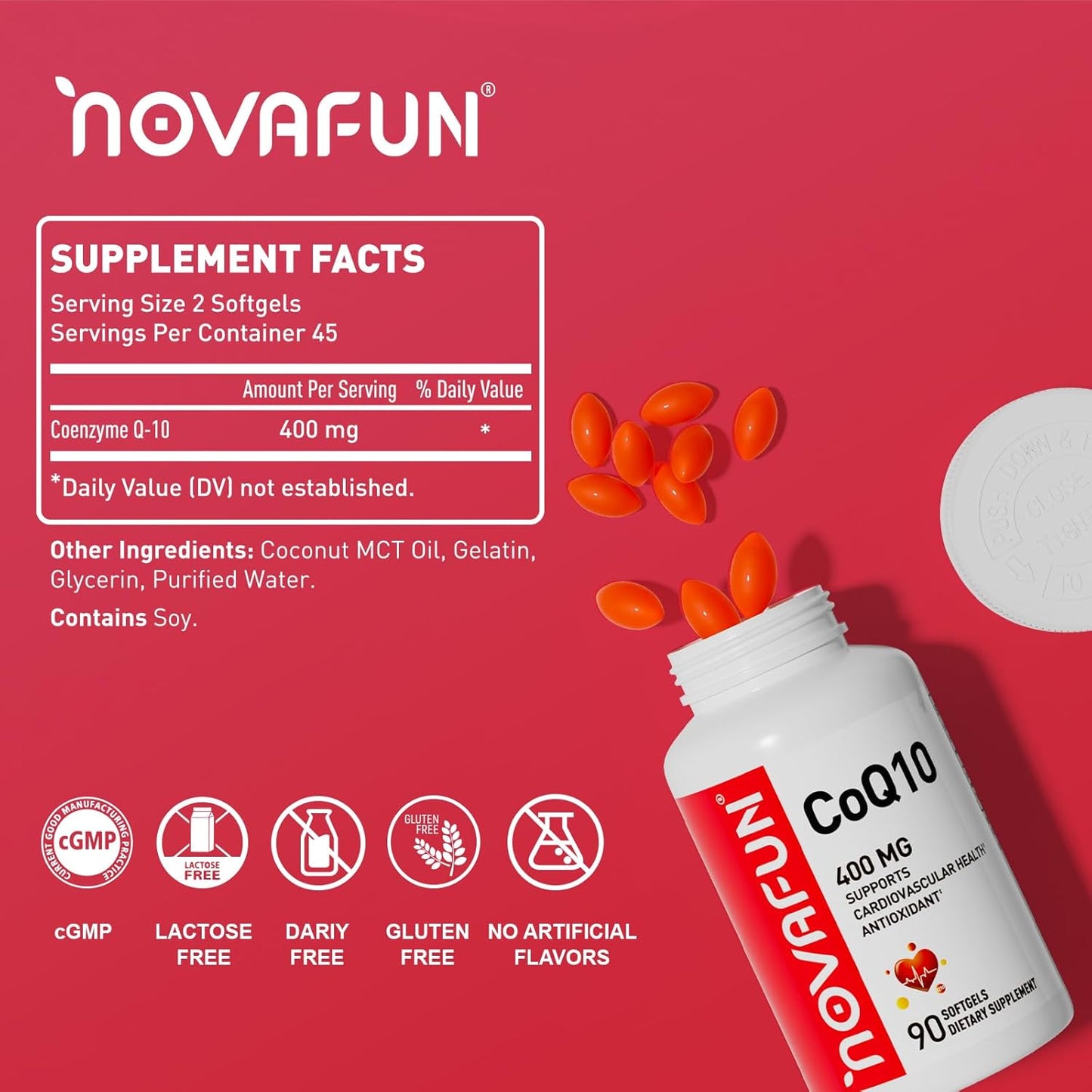 High Potency Novafun CoQ10 Softgels 400mg - Heart Health & Antioxidant Support - 90 Count - Energy Boosting Supplement
