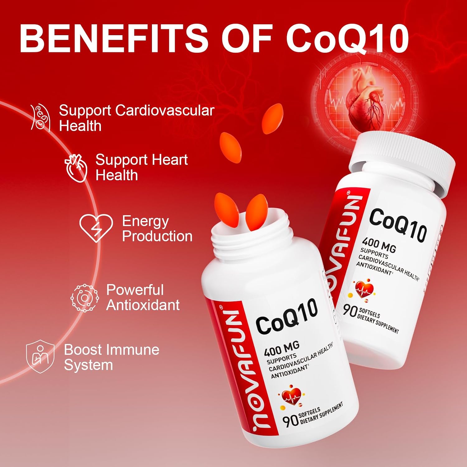 High Potency Novafun CoQ10 Softgels 400mg - Heart Health & Antioxidant Support - 90 Count - Energy Boosting Supplement