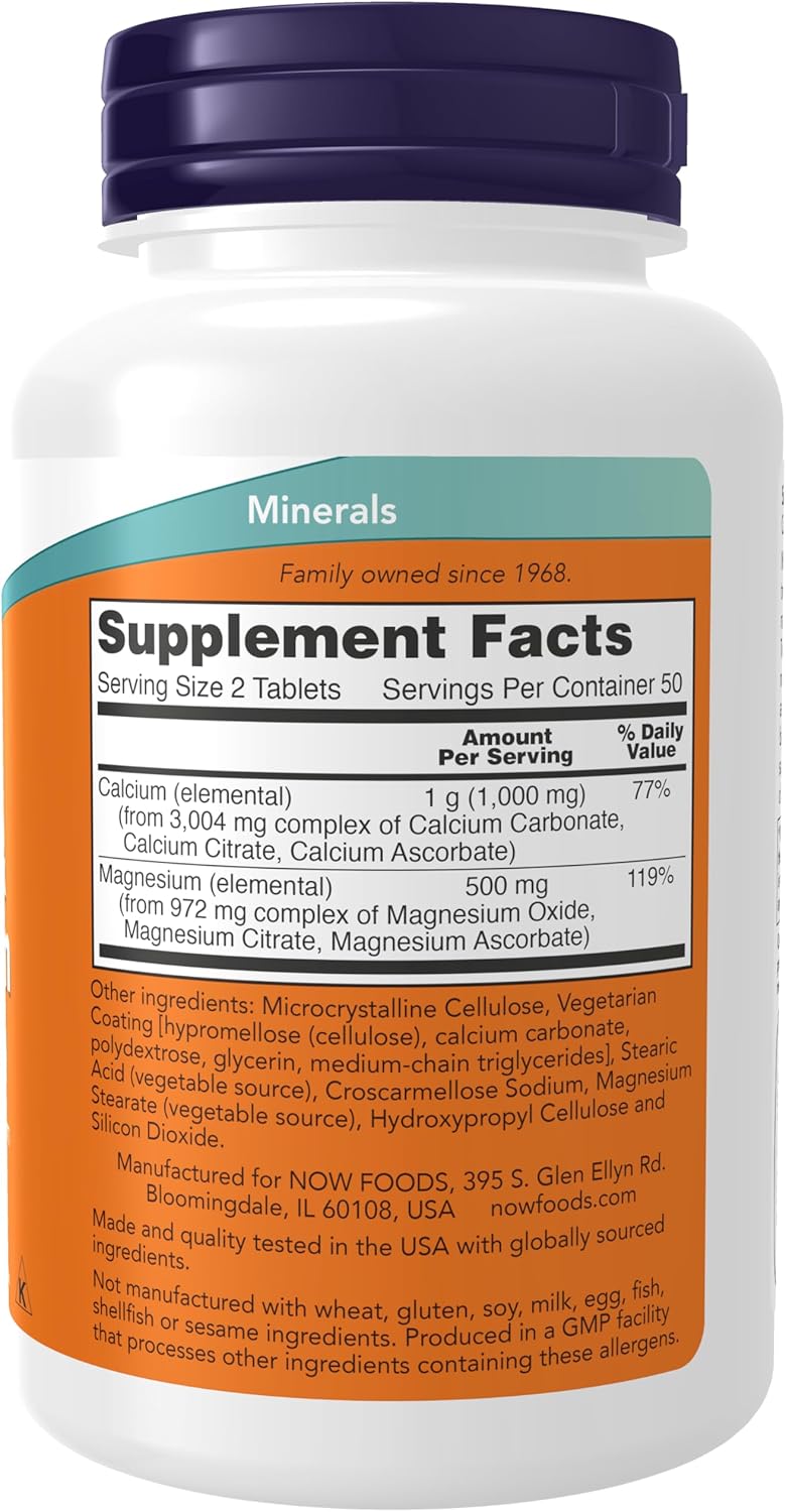 High Potency NOW Foods Calcium & Magnesium Supplement for Bone Health - 2:1 Ratio, 100 Tablets