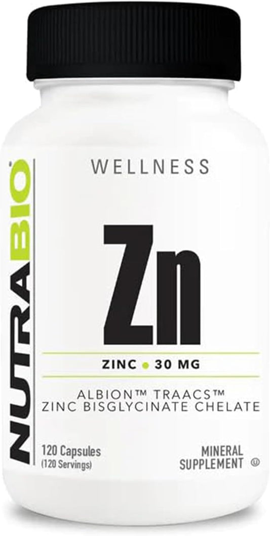 High Potency NutraBio Zinc Chelate Mineral Supplement - Supports Growth, Development, and Immune Health - 30mg Zinc - 120 Vegetarian Capsules