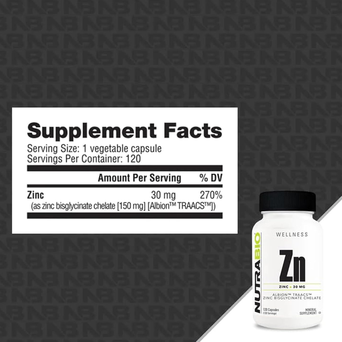 High Potency NutraBio Zinc Chelate Mineral Supplement - Supports Growth, Development, and Immune Health - 30mg Zinc - 120 Vegetarian Capsules
