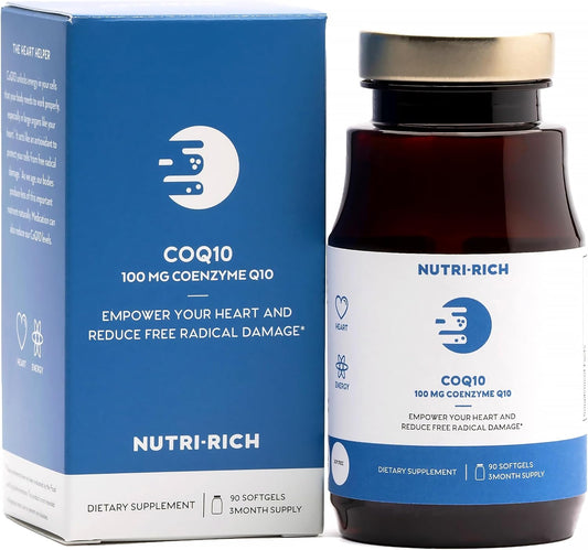 High Potency Nutri-Rich CoQ10 100mg Softgels - Heart Health & Energy Support, Antioxidant for Aging & Statin Users - 3 Month Supply