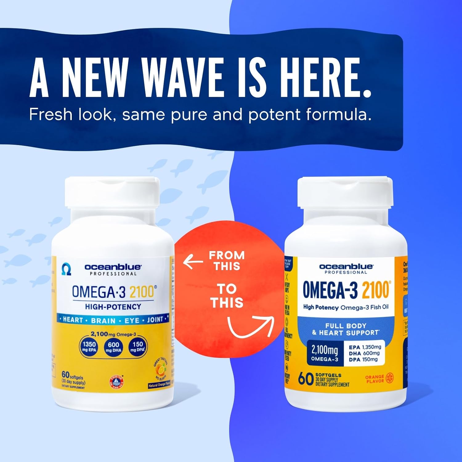 High-Potency OceanBlue Professional Omega-3 2100 - 60 Count Triple Strength Burpless Fish Oil with EPA, DHA & DPA - Orange Flavor - 30 Servings