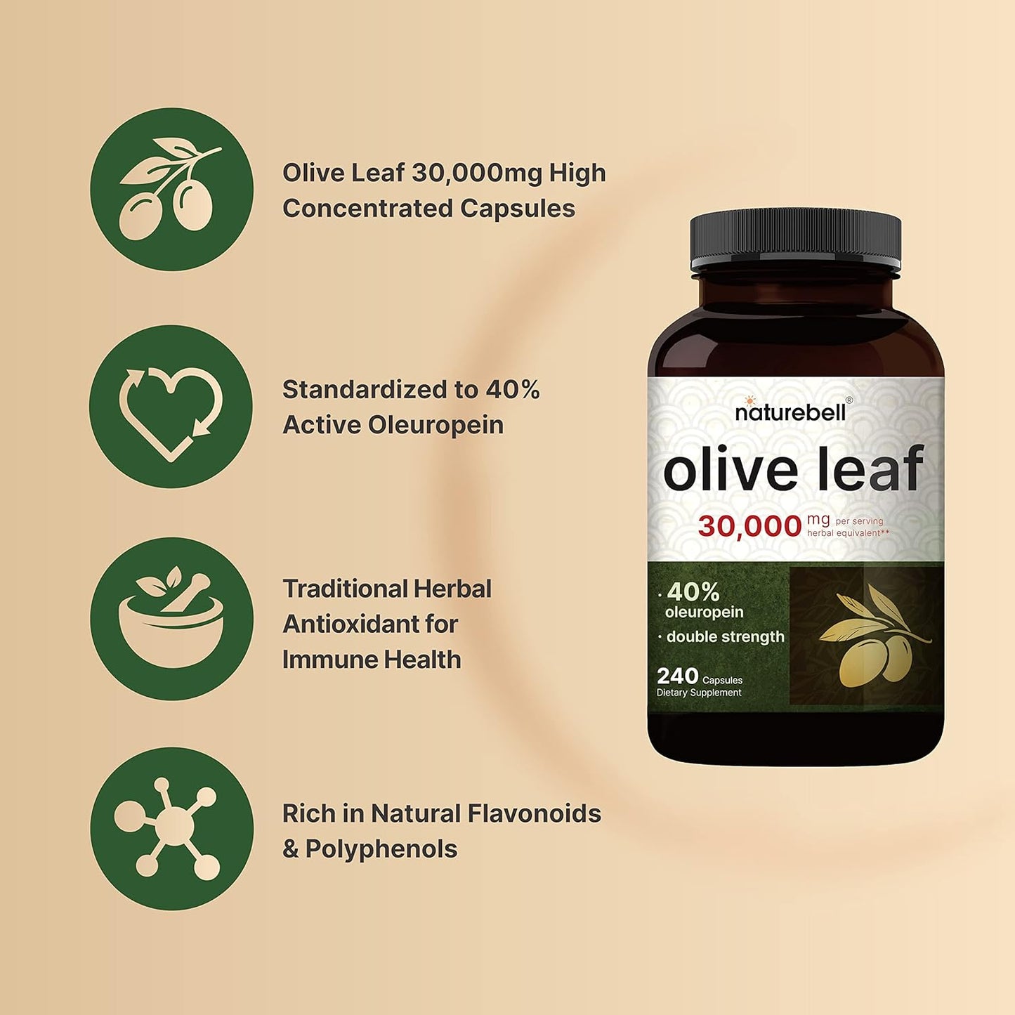 High Potency Olive Leaf Extract Capsules, 30000mg - 240 Count | 40% Oleuropein, 50:1 Concentration - Immune & Heart Health Support - Non-GMO, Rich in Antioxidants