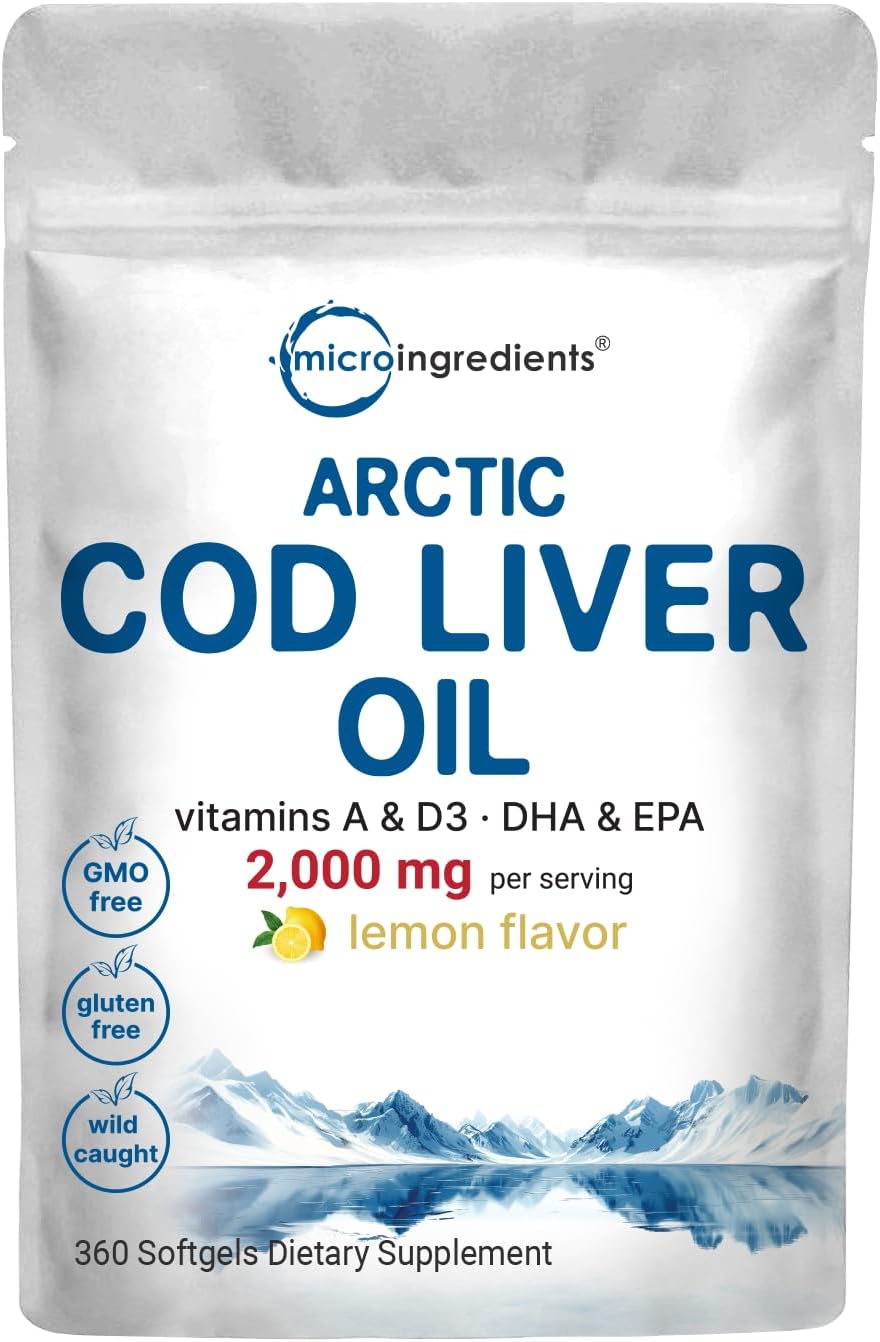 High Potency Omega 3 Fish Oil & Cod Liver Oil Supplements, 360 Softgels, Lemon Flavored, Wild Caught Arctic Fish, Triple Strength Formula