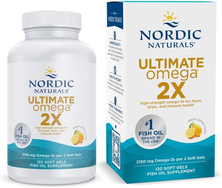 High-Potency Omega-3 Fish Oil Soft Gels, Lemon Flavor - 2150 mg Omega-3, EPA & DHA - Promotes Brain & Heart Health - Non-GMO - 60 Servings