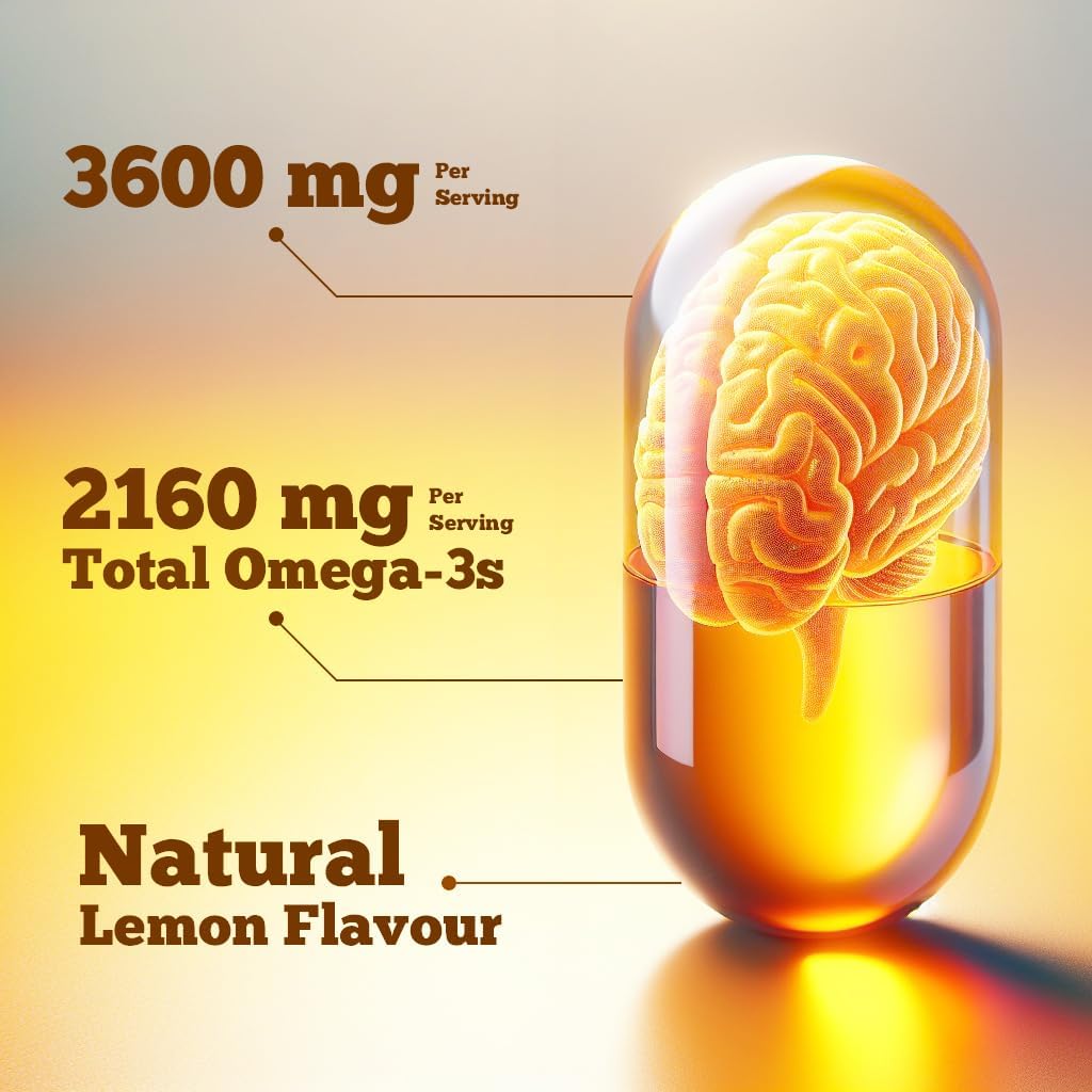 High Potency Omega 3 Fish Oil Supplement - 3600mg Per Serving, Lemon Flavor, 180 Softgels