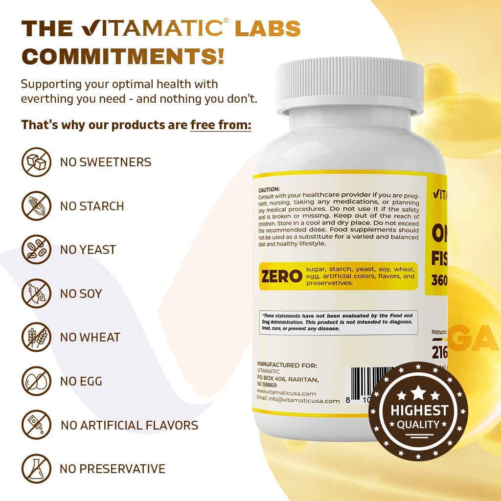 High Potency Omega 3 Fish Oil Supplement - 3600mg Per Serving, Lemon Flavor, 180 Softgels
