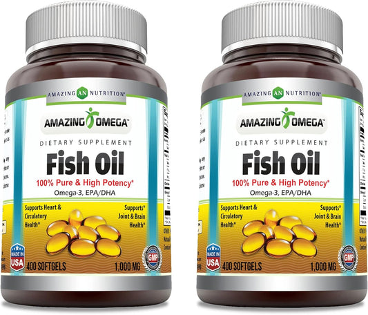 High Potency Omega-3 Fish Oil Supplement Softgels - 1000mg, EPA 180mg, DHA 120mg - 2 Pack of 400 Count Bottles by Amazing Nutrition